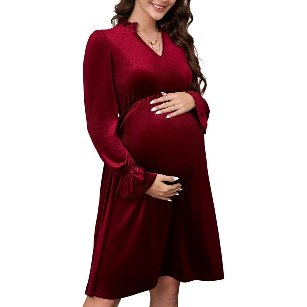 Comfortable Velvet Maternity Dress with Ruffle Sleeves: Ideal for Special Events